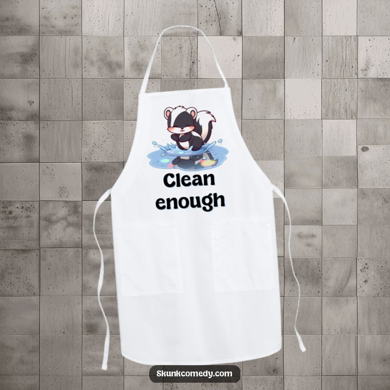 Funny skunk apron illustrating a skunk splashing in a puddle with rainbow reflections, ideal for a fun and humorous cooking experience.