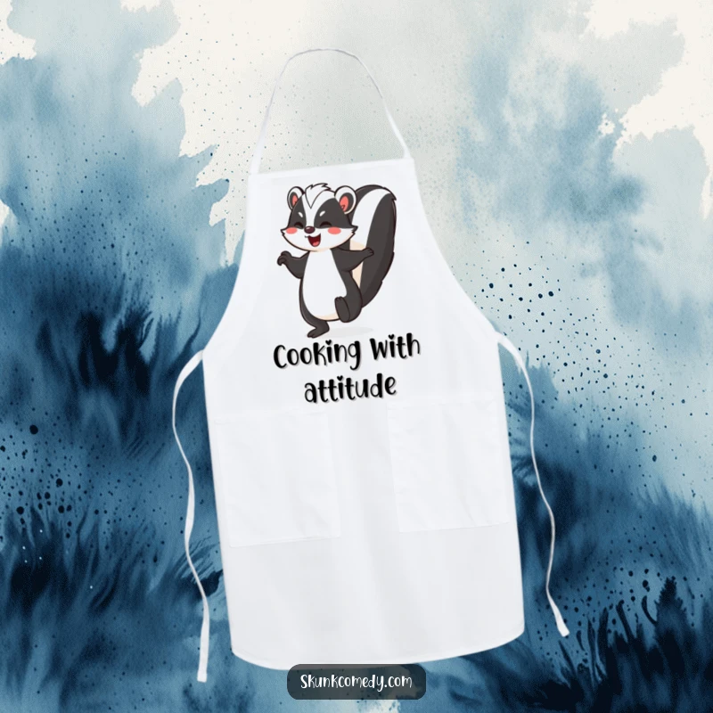 Funny skunk apron, a skunk doing a joyful jig with its striped tail held high, perfect for kitchen dance parties.