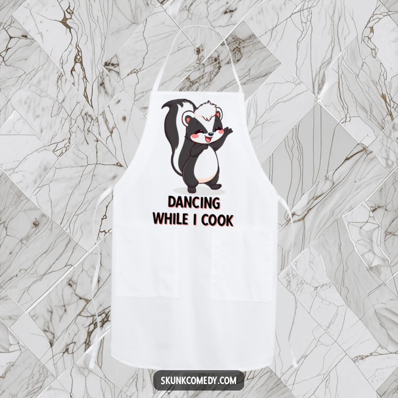 Funny skunk performing a joyful dance with its tail held high on a durable apron, ready for happy cooking.