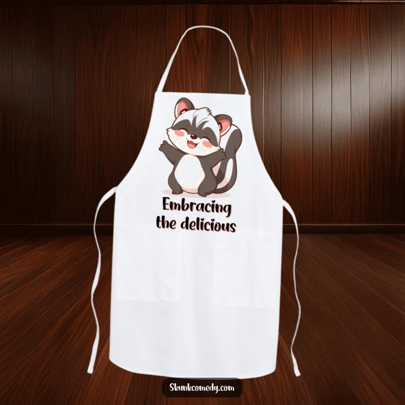 Funny skunk apron featuring a skunk with paws spread wide, ready to give a warm and joyful embrace while cooking.