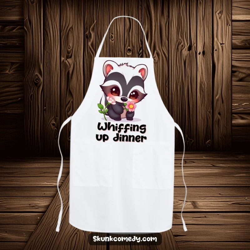 Funny skunk with wide, curious eyes smelling a flower, a charming and humorous addition to this kitchen apron.