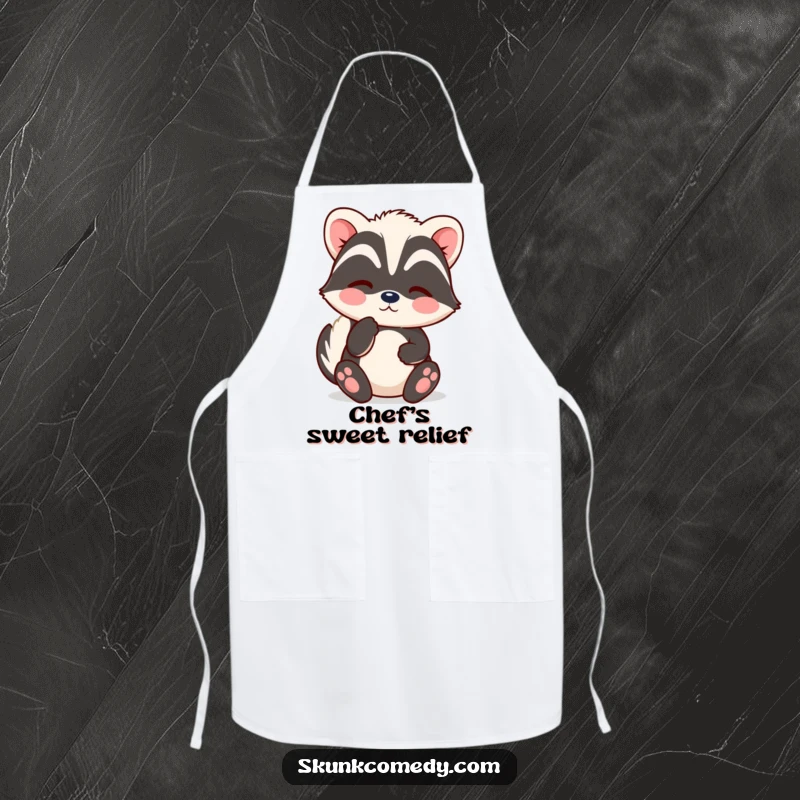 Funny Kawaii Skunk Apron with a skunk sighing contentedly, perfect for calm cooking and baking, a great gift for kitchen lovers.
