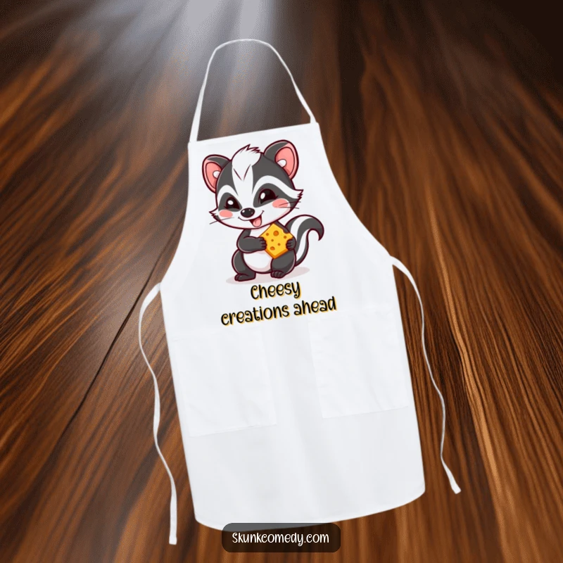 Funny Kawaii skunk apron, a mischievous skunk with a grin holding cheese, perfect for cooking with cute charm.