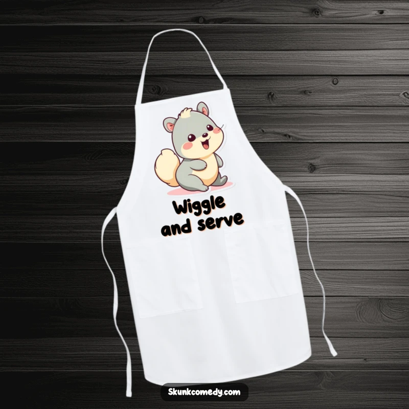 Funny apron showing a creature wiggling its fluffy tail with pure delight, perfect for kitchen fun and protecting clothes with a smile.