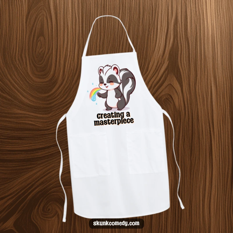 Funny skunk apron showing a cute skunk chef spraying a beautiful rainbow, perfect for a colorful kitchen.