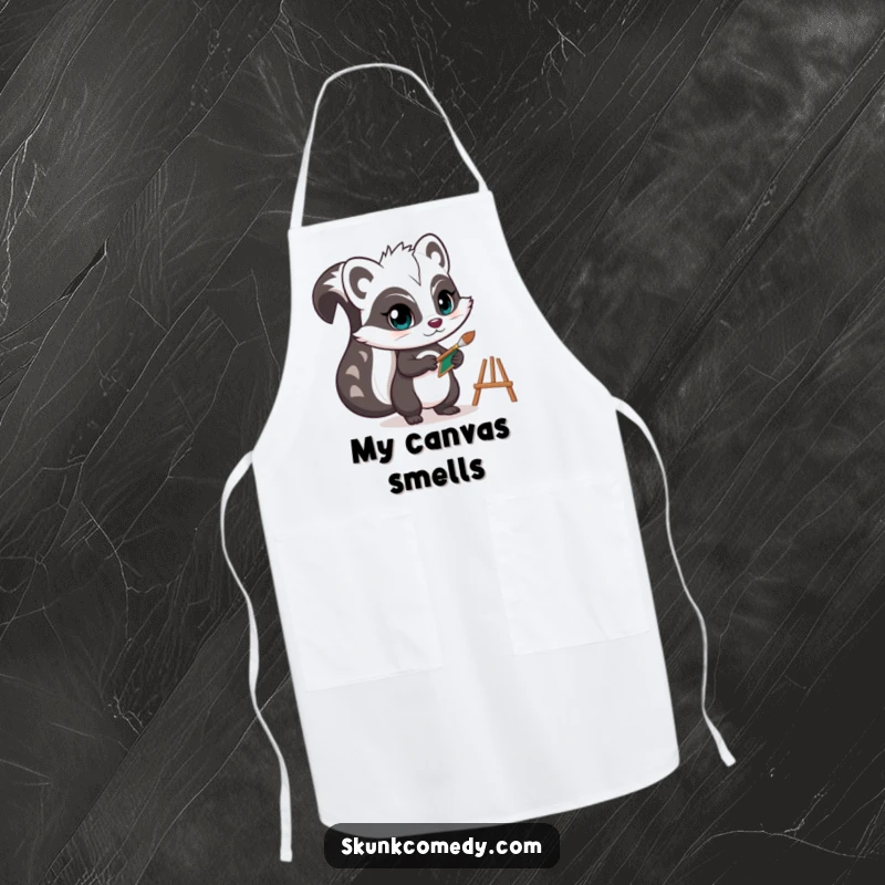 Funny skunk apron depicting a determined artist skunk holding a tiny paintbrush and easel, ideal for creative cooks and artists.