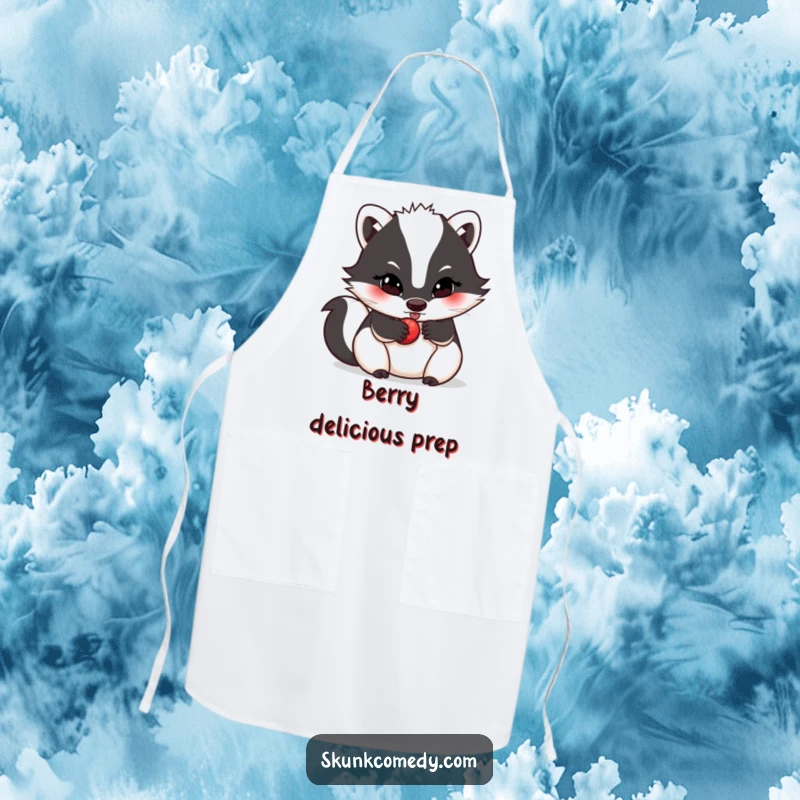 Funny skunk apron, determined expression, rolling a small berry, functional and motivational kitchen wear, a perfect funny gift.