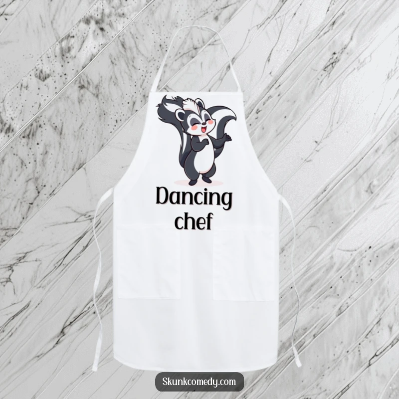 Funny skunk apron, joyfully dancing with its tail held high, humorous kitchen wear for cooks.