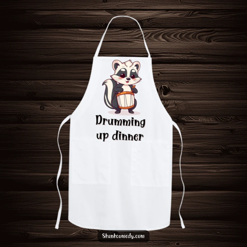 Funny skunk apron featuring a skunk enthusiastically playing a tiny drum, perfect for music-loving chefs.