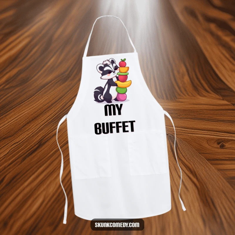 Funny skunk apron illustrating a skunk balancing a stack of fruits, ideal for kitchen fun and a humorous cooking experience.