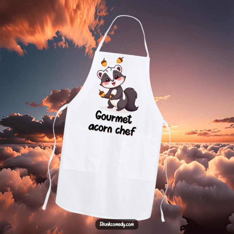 Funny skunk apron, a skunk happily juggling three colorful acorns, perfect for cooking with woodland charm.