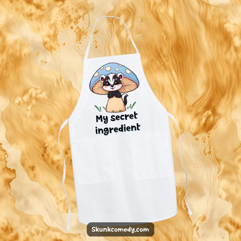 Funny skunk apron depicting a skunk peeking with wonder from behind a large, colorful mushroom, designed for kitchen fun.
