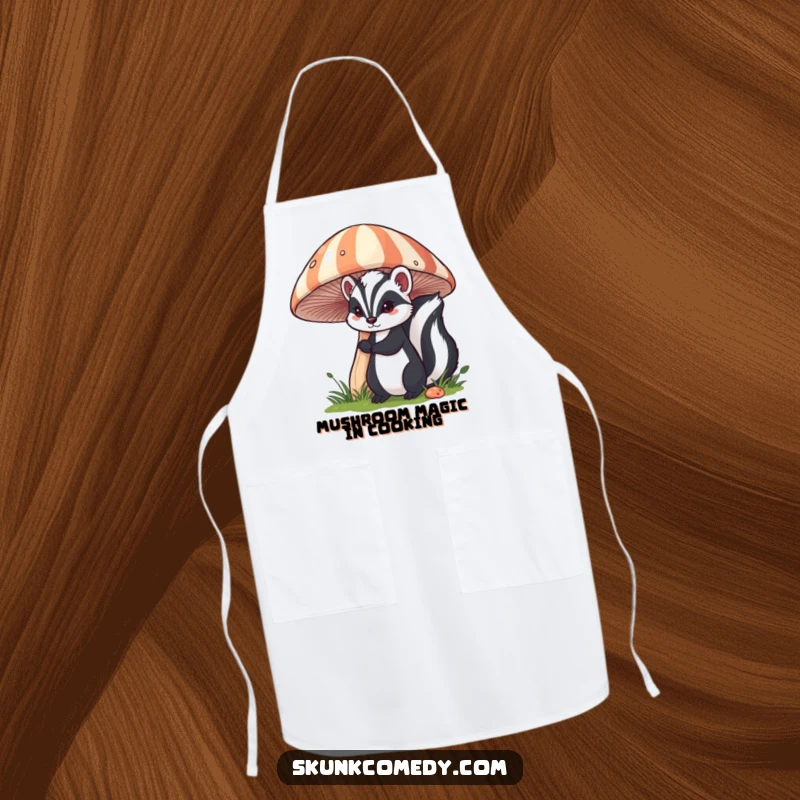Funny skunk apron featuring a skunk peeking from behind a giant, striped mushroom, perfect for kitchen adventures.