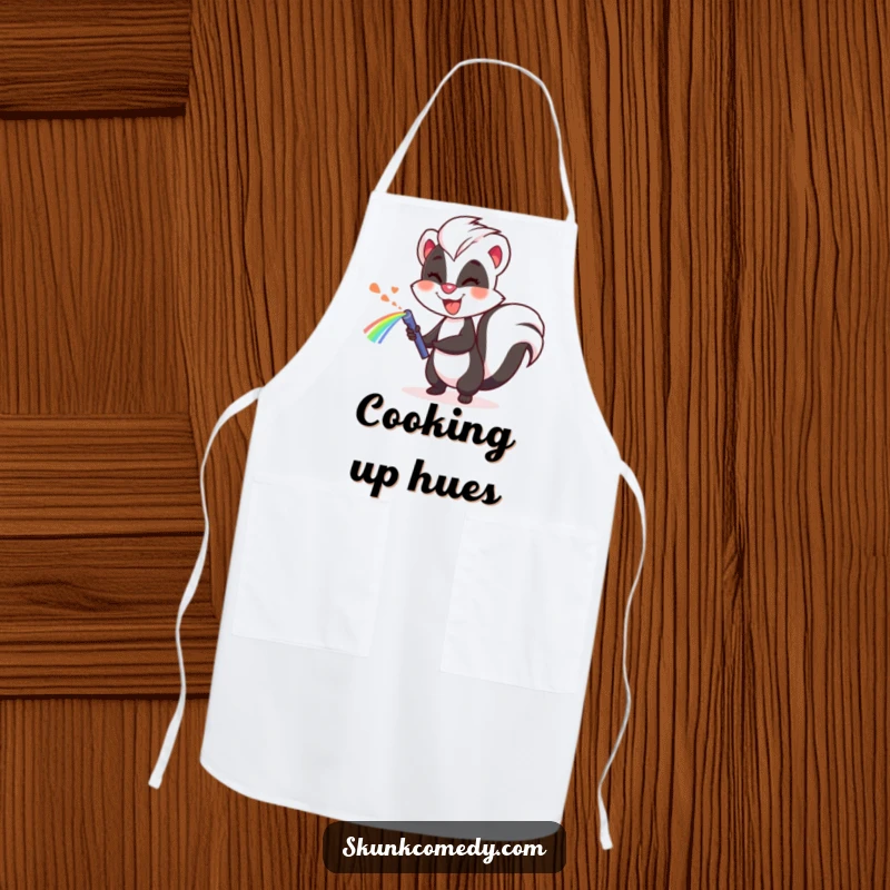 Funny skunk apron, cheerfully spraying a rainbow, humorous kitchen wear for cooking and baking.