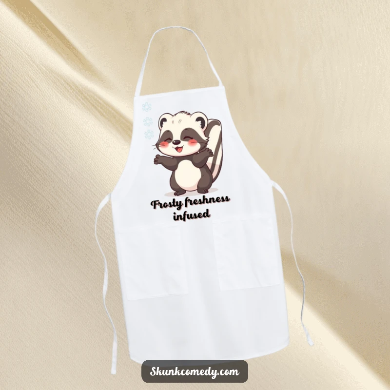 Funny skunk catching a snowflake with outstretched paws, cute kitchen apron, winter theme, humorous accessory, gift.