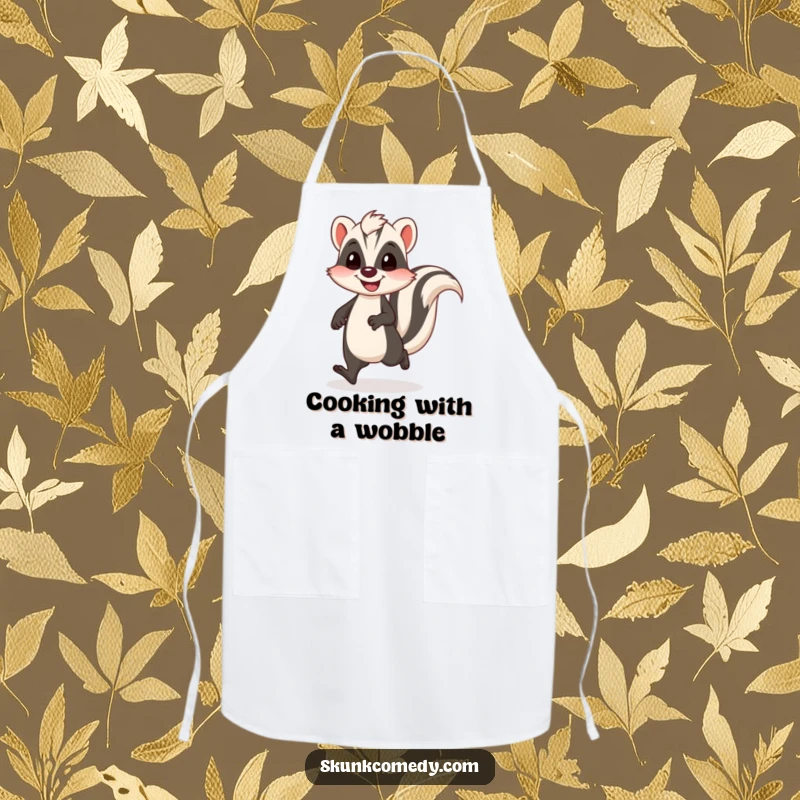 Funny skunk apron featuring a skunk doing a funny, wobbly walk with a happy bounce, perfect for kitchen fun.