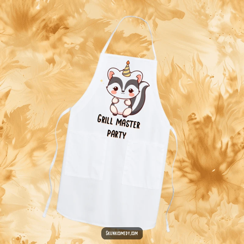 Funny Kawaii Skunk Apron with a skunk holding a celebratory party horn, perfect for festive cooking and baking, a great gift.