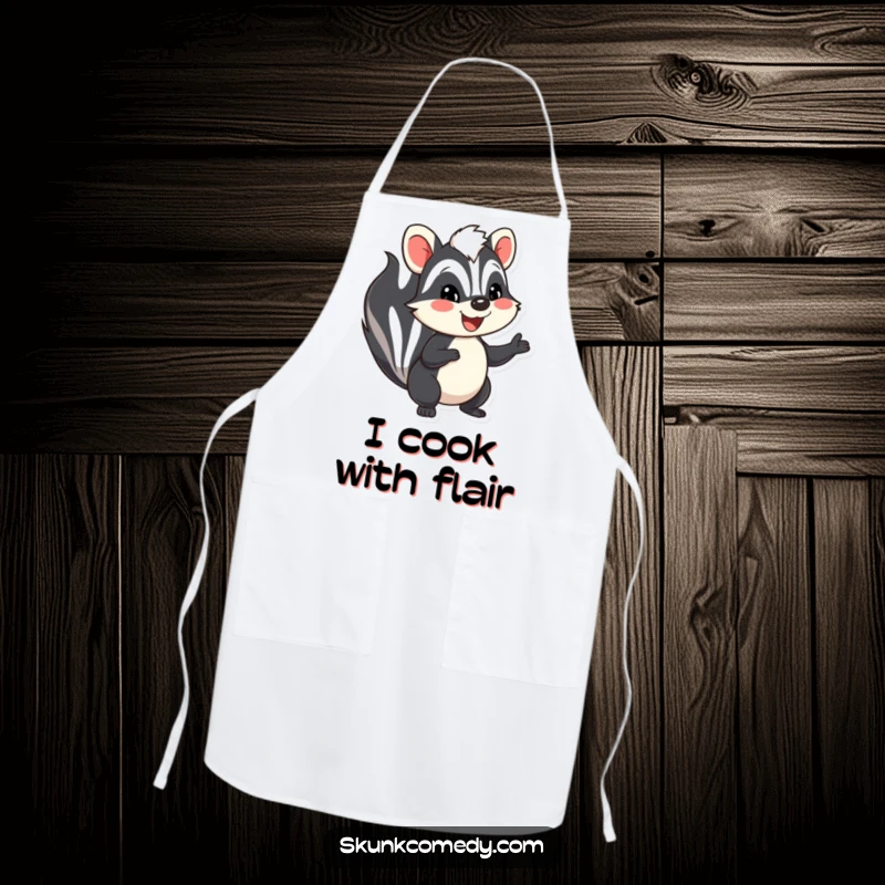Funny skunk apron, a happy skunk with a big smile waving, ideal for cooking and as a funny gift.
