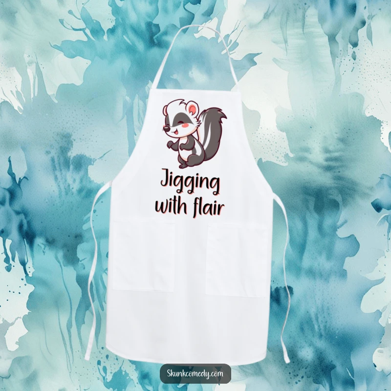 Funny apron with a happy skunk performing a lively jig, its tail held high, ready for kitchen tasks with cheerful energy.