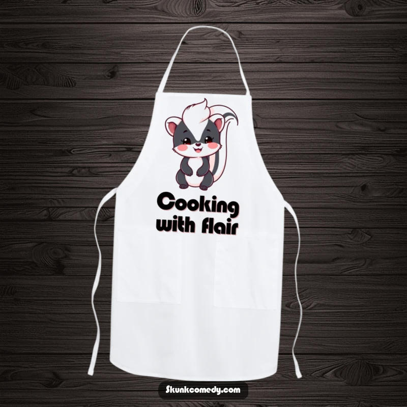 Funny Kawaii Skunk apron showing a smiling skunk with its tail raised, perfect for adding humor and friendliness to cooking or crafting.