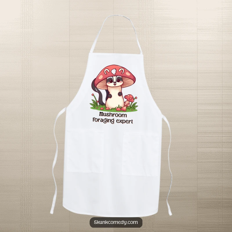 Funny skunk peeking from behind a large mushroom, cute kitchen apron, whimsical forest theme, humorous accessory.