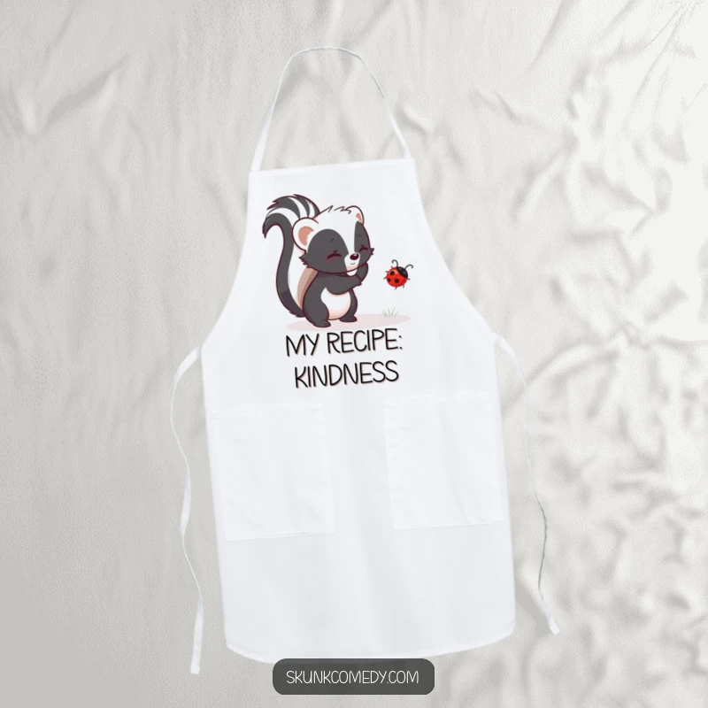 Funny skunk apron showing a skunk helping a ladybug, perfect for cooks who appreciate gentle humor.
