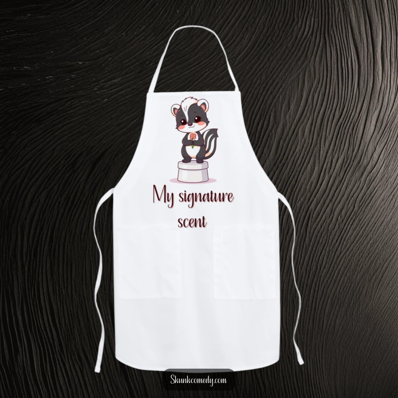Funny apron featuring a proud skunk standing on a small pedestal, holding a flower with elegance.