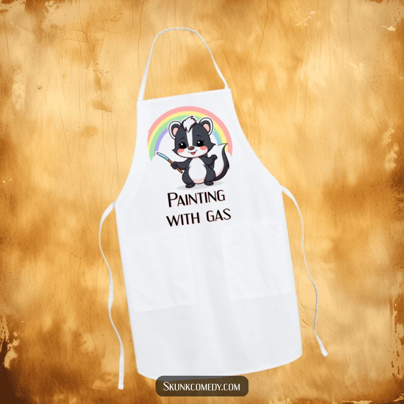 Funny skunk apron featuring a mischievous skunk artistically painting a rainbow, designed for kitchen fun and protection.