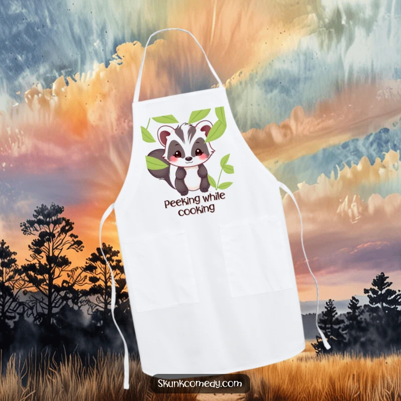 Funny Kawaii skunk apron showing a shy skunk peeking from behind leaves, adding a touch of sweet humor.