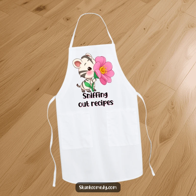 Funny Striped Animal Apron with a curious striped animal sniffing a large, vibrant, oversized flower, ready for kitchen exploration.