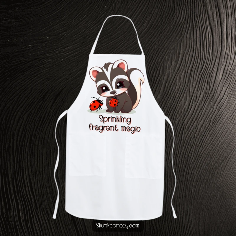 Funny skunk with twinkling eyes curiously observes a ladybug, cute kitchen apron, humorous cooking accessory, gift idea.