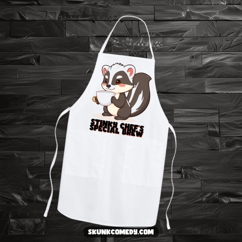 Funny skunk apron featuring a skunk masterfully balancing a teacup on its nose while preparing to cook.