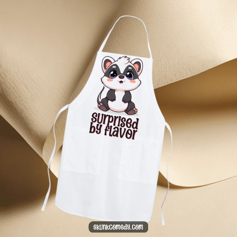 Funny Kawaii Skunk apron showing a skunk with surprised, wide eyes looking up, perfect for adding humor and amusement to cooking or crafting.