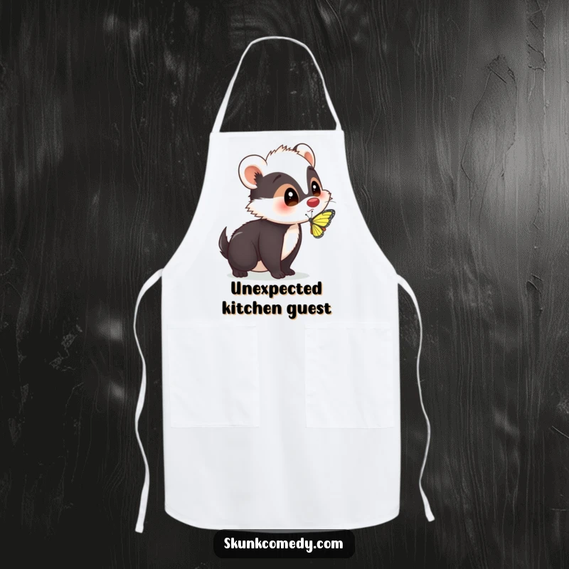 Funny skunk with a surprised expression as a butterfly lands on its nose on a durable apron, ready for amusing kitchen moments.