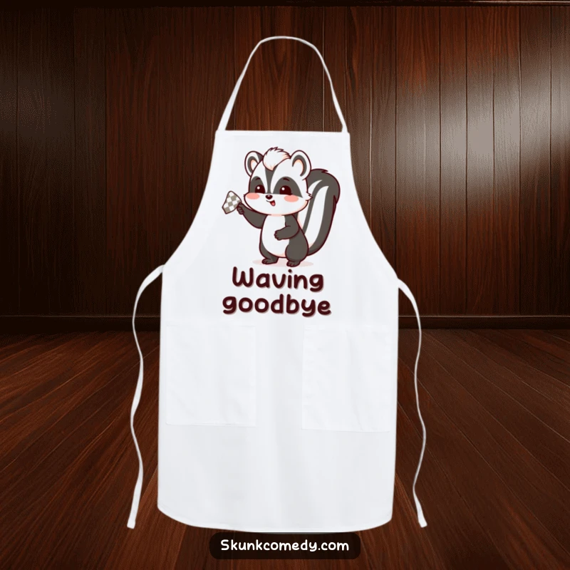 Funny skunk apron illustrating a skunk enthusiastically waving a checkered handkerchief, ideal for a cheerful and humorous cooking experience.