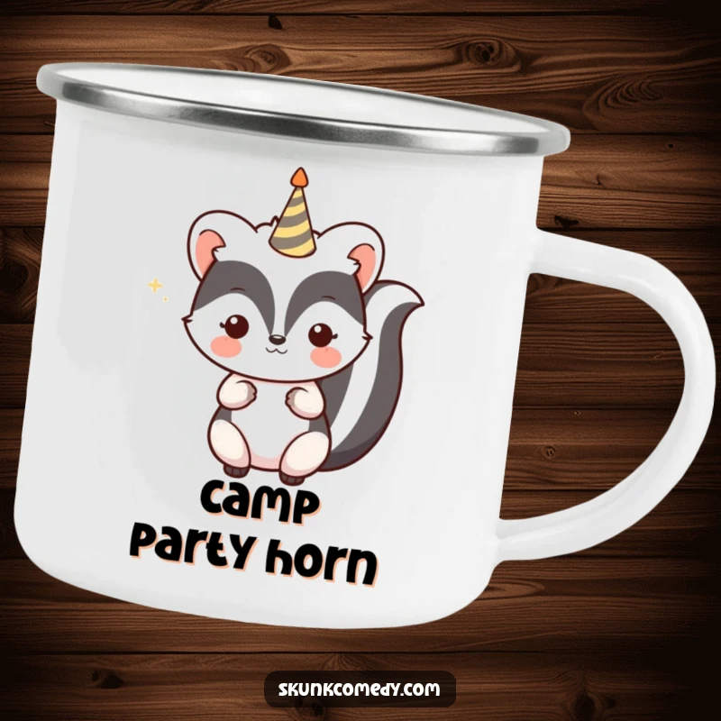 Funny Kawaii Skunk Camping Mug with a skunk holding a celebratory party horn, perfect for outdoor celebrations and gifting joy.