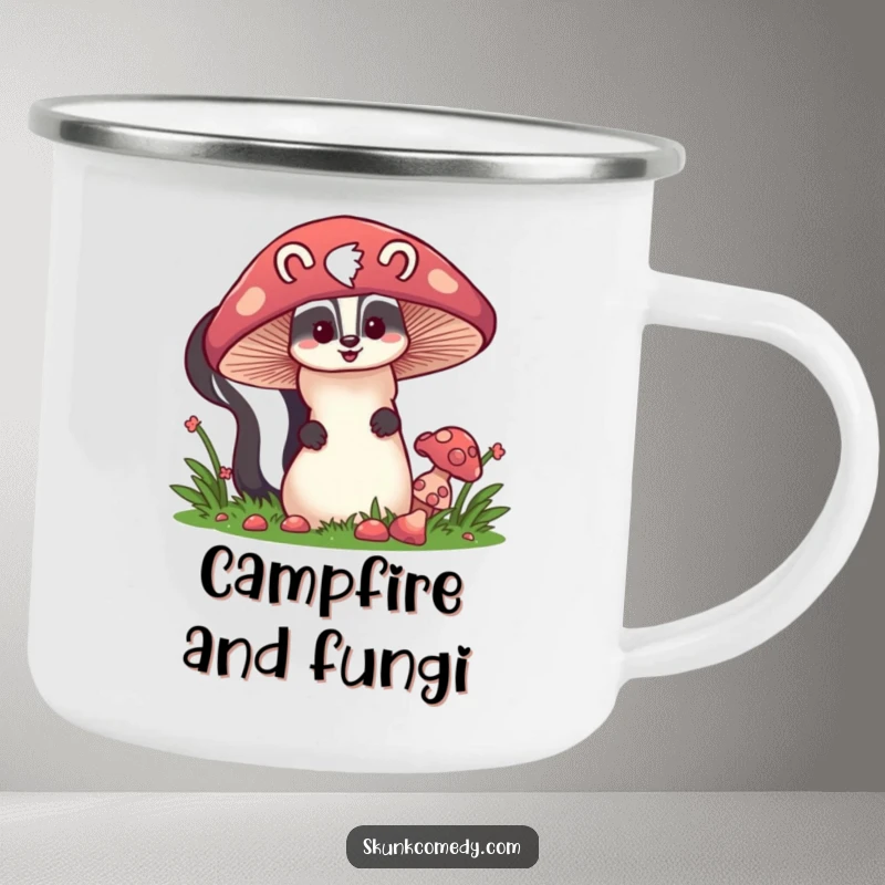 Funny skunk peeking from behind a giant mushroom, enamel camping mug, cute woodland design, humorous outdoor gear.