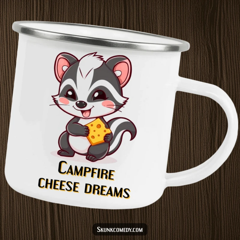 Funny Kawaii skunk camping mug, a mischievous skunk with a grin holding cheese, for outdoor adventures and cute moments.