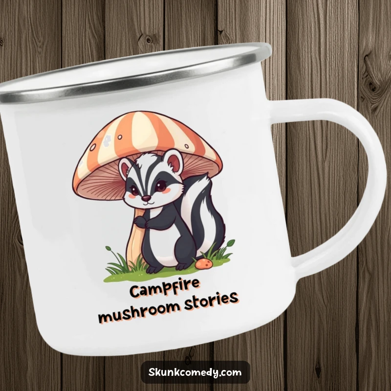 Funny skunk camping mug featuring a skunk peeking from behind a large, striped mushroom, perfect for outdoor enthusiasts.