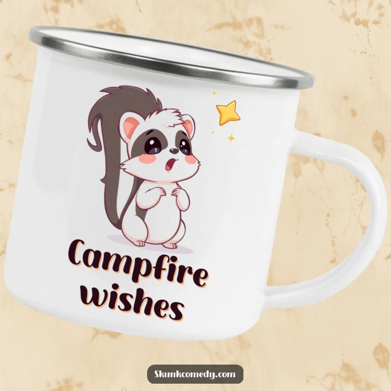 Funny surprised skunk looking up at a star, adding whimsical humor to this durable camping mug.