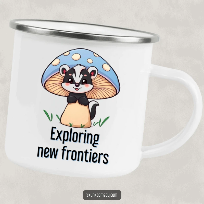 Funny skunk camping mug showing a skunk peeking with wonder from behind a large, colorful mushroom, ideal for outdoor beverages.