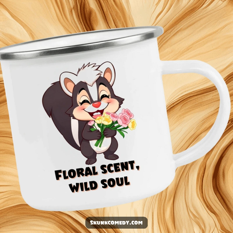 Funny skunk camping mug with a delighted goofy grin holding a bouquet, perfect for outdoor enthusiasts.