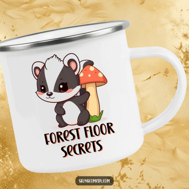 Funny skunk mushroom camping mug, a playful skunk peeks from behind a mushroom, durable outdoor drinkware with humor.