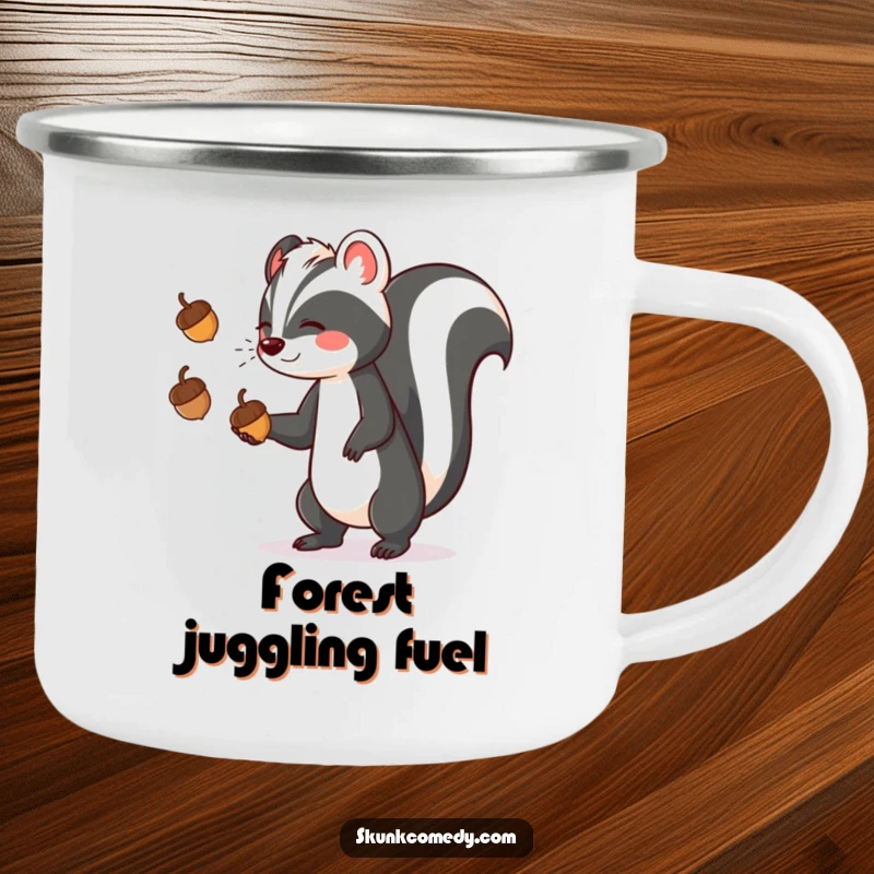 Funny skunk juggling acorns on a rugged enamel camping mug, perfect for outdoor excursions and humorous moments.
