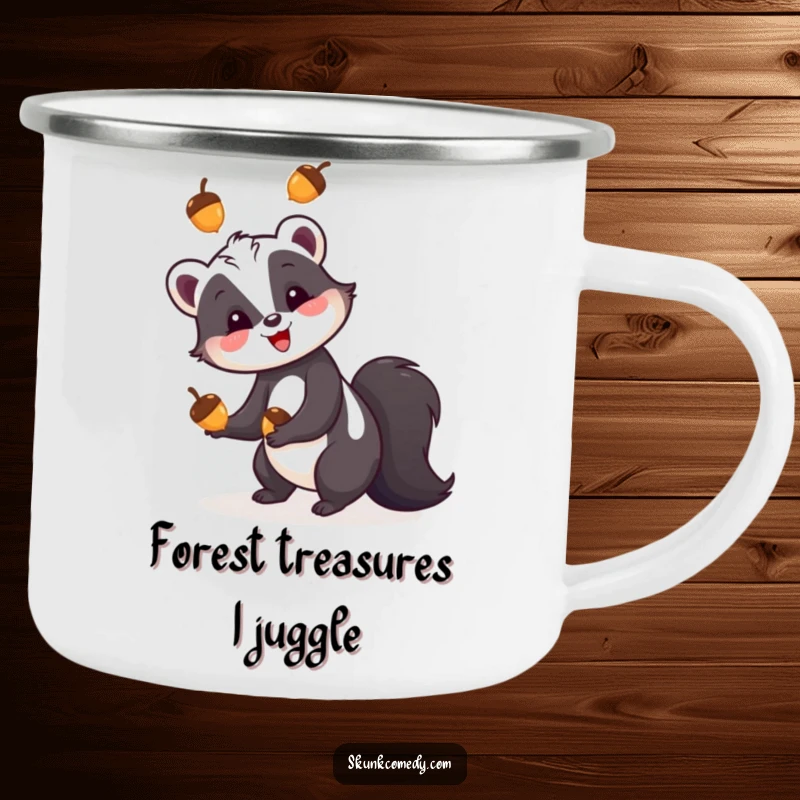 Funny skunk camping mug, a skunk happily juggling three colorful acorns, for outdoor adventures and nature enthusiasts.