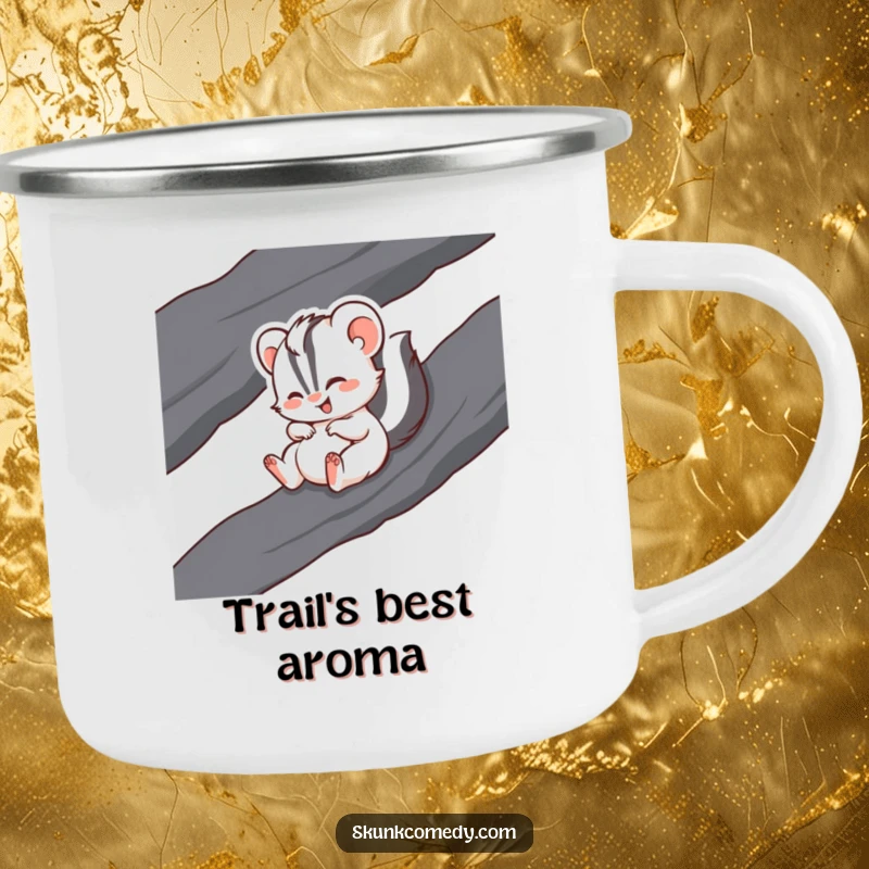 Funny camping mug with a skunk joyfully giggling during a slide down a smooth, dark rock.