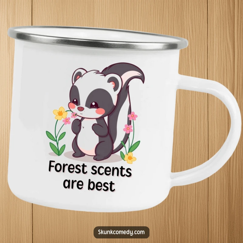 Funny Kawaii Skunk Camping Mug with a cute skunk happily sniffing flowers, perfect for outdoor enjoyment.