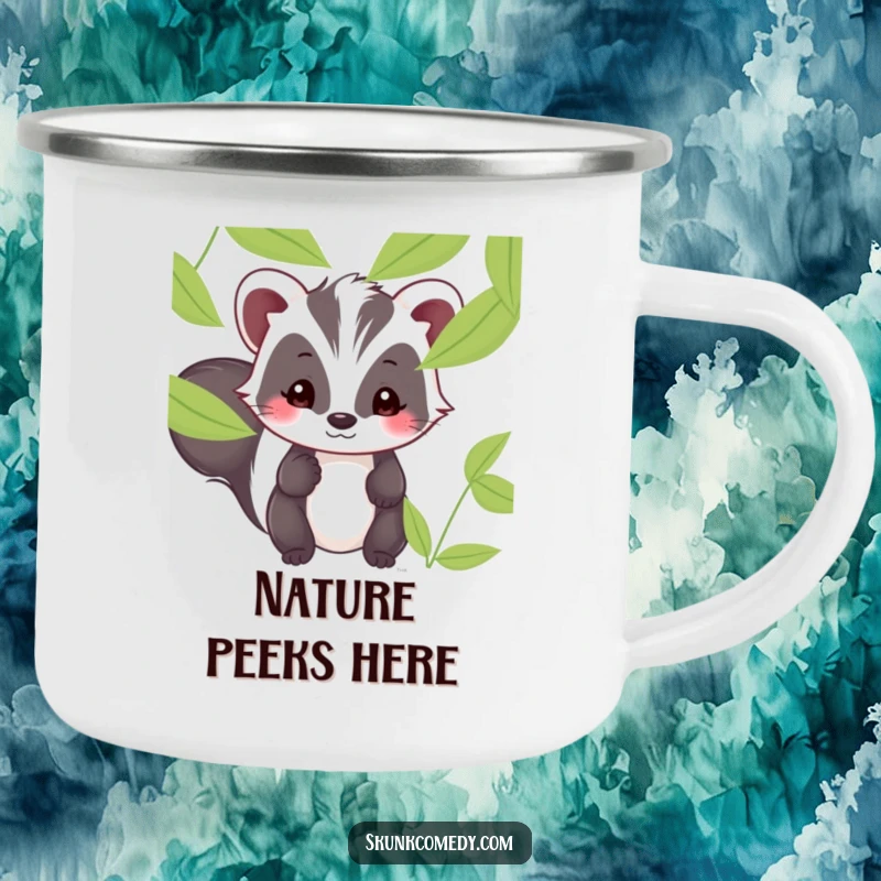 Funny Kawaii skunk camping mug showing a shy skunk peeking from behind leaves, adding sweet humor to adventures.