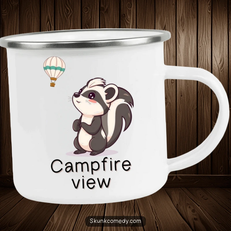 Funny skunk camping mug depicting a skunk looking up with excitement at a hot air balloon, a humorous and durable drinkware for adventurers.