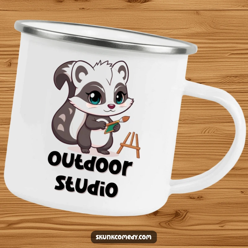 Funny skunk camping mug showing a determined artist skunk holding a tiny paintbrush and easel, perfect for outdoor creative sessions.